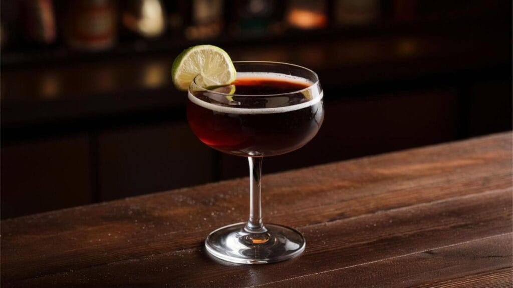 Stormy Rum Delight A dark rum cocktail with lime and ginger beer in a sleek glass
