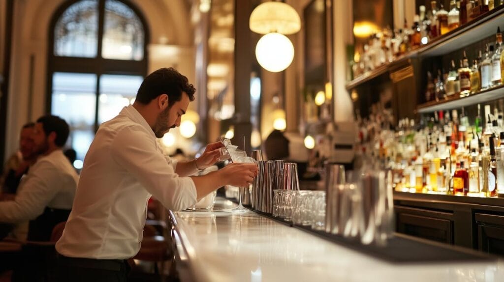 Bartender meticulously preparing cocktails at upscale bar during evening hours with warm ambient lighting
