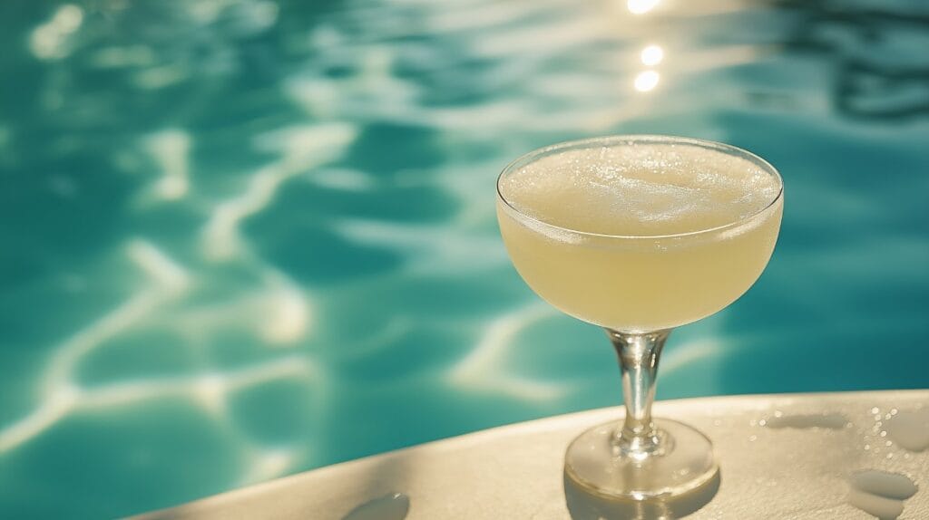 A refreshing Daiquiri cocktail with a lime wedge, served in a coupe glass by a calm swimming pool, exuding summer relaxation