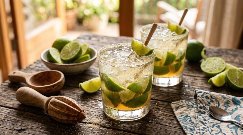 Two refreshing glasses filled with iced lime cocktails sit on a weathered wooden table