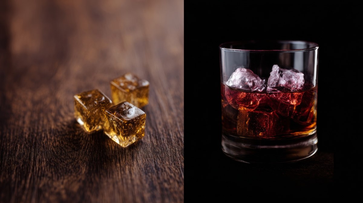 Golden whiskey cubes glisten against rich wood, hinting at solstice toasts and lunar revelry, embracing spirits and stories