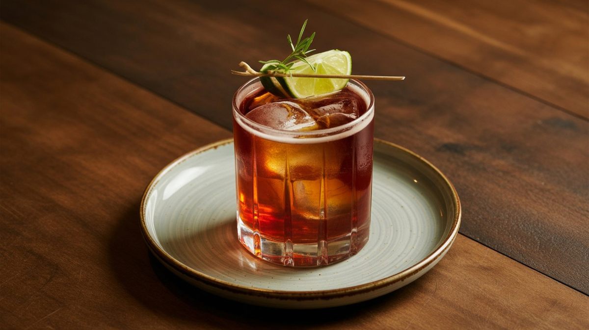 Brown Cocktail on a White Plate with Ice Cubes and a Slice of Lime on a Wooden